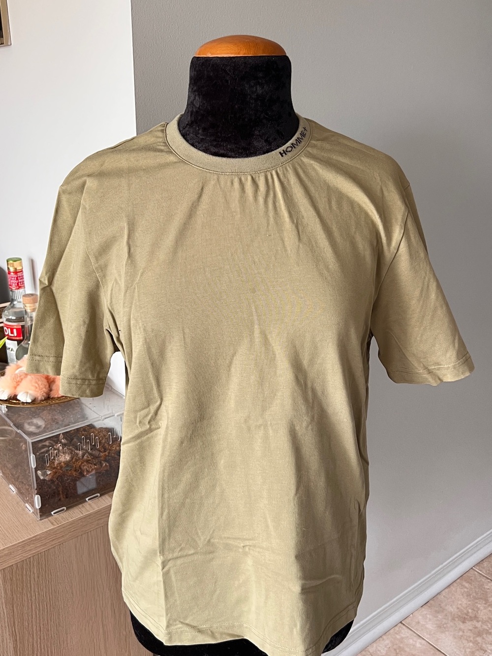 Homme+ Men's Olive Crew Neck T-Shirt with Subtle Neck Branding